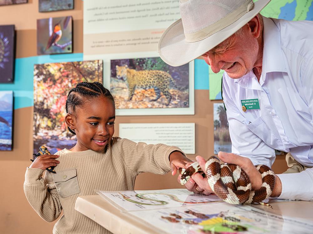 A child interacts with a docent and a snake